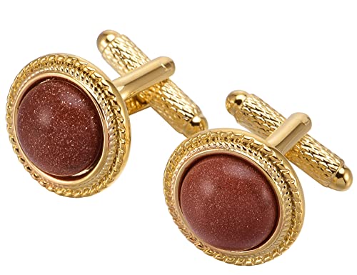 Jonwo Sparkling Red Goldstone Cufflinks For Men With Gift Box Round Gold Plated Natural Palm Stone Men Cufflinks For Wedding Daily Office Shirt Party Birthday Anniversary Dress #TOP4