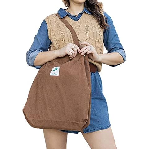 Cloele Cord Bag Women's Shoulder Bag with Inner Pocket Large Handbag Shoulder Bag Tote Bag Shopper Fabric Bag for University Work School, XL brown, XL Cover