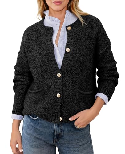 Saodimallsu Womens Fall Cardigan Soft Long Sleeve Button Up Cardigans Fuzzy Chunky Knit Sweater Coat with Pockets 2025 Black