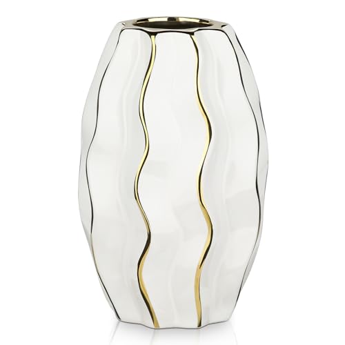 Hollyone Weiß & Gold Keramikvase für Blumen, Dekorative Blumenvase, Moderne Vertikale Streifen Vasen, Gerippte Strukturierte Welle Vase für Schlafzimmer, Büro, Wohnzimmer, Bad, Tisch Centerpiece