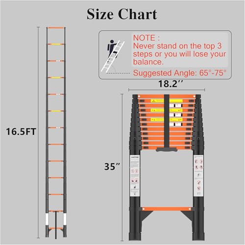 Image of Telescoping Ladder, 16.5 FT 330 Lbs Aluminum Extension Ladder, Black Orange | Telescopic, Collapsible & Adjustable, Compact Retractable Ladder for House, Roof, RV & Travel Trailer