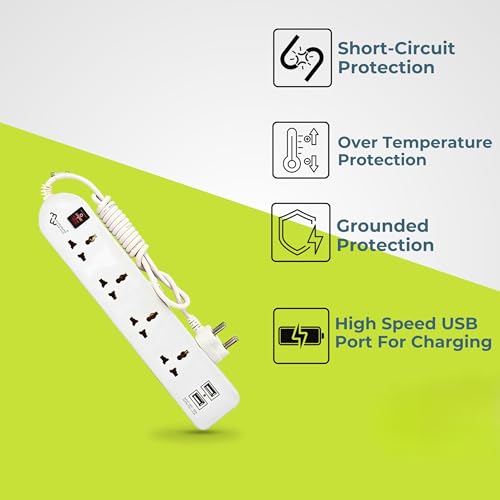 Image of MULTYBYTE 4 Socket 2 USB Port Outlet Extension Board, High Speed, Fast Charging- Power Strip, Surge Protector, 2M Cable Shockproof Fire-Retardant, Multipurpose Use Spike for Home & Office