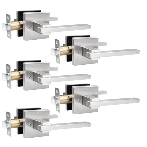 Image of Orger 5 Pack Square Privacy Door Handle Satin Nickel Keyless Door Lever, Bed Bath Door Handle for Left /Right Handed Doors Interior Privacy Door Lever, Modern Door Lever Stainless Steel