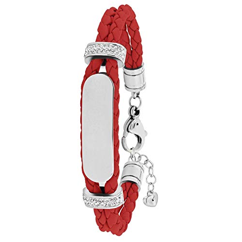 Preisvergleich Produktbild Stahl-Plattenarmband mit Leder und rotem Kristall - für Damen