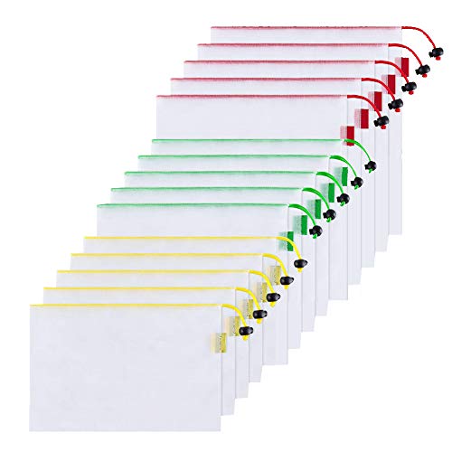 Preisvergleich Produktbild FBGood 15pcs Wiederverwendbare Gemüsebeutel, Waschbar Netz Produce Taschen mit Kordelzug Umweltfreundliche Einkaufstaschen für Einkaufen Aufbewahrung Obst Gemüse Spielzeug (Mehrfarbig)