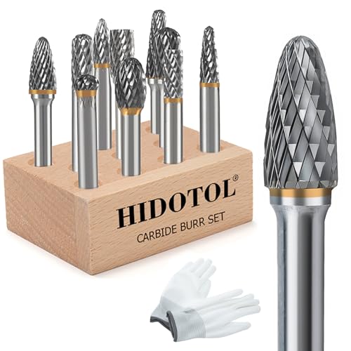 Image of HIDOTOL Carbide Burr Set 1 /4 inch Shank 10PC Tungsten Double Cut Carbide Rotary Burr Set for Metal and Wood Carving, Grinding, Polishing, Engraving, Drilling in Wooden Case.