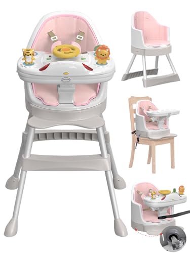 Image of High Chair with Foldable Baffle, Easy to Put Baby in，Music & Lights Baby High Chair with Wheels and a Traction Rope，Baby Floor Seat with 5- Point Seat Belt & Footrest，MAX 80 LBS(Pink)