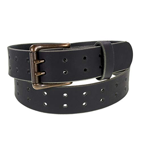 Men&rsquo;s Classic Leather Belt, Double Prong Retro Style, Antique Brass Buckle, 1 &frac12;&rdquo; Width, Amish...