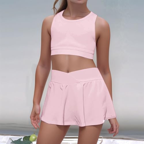 Kids Tennis Dress,Toddler Girl Athletic Dress Cheer Skirts Graduation Outfits 2 Piece Workout Outfits Crop Tank Tops And Skort Skirt Set Light Pink Small4