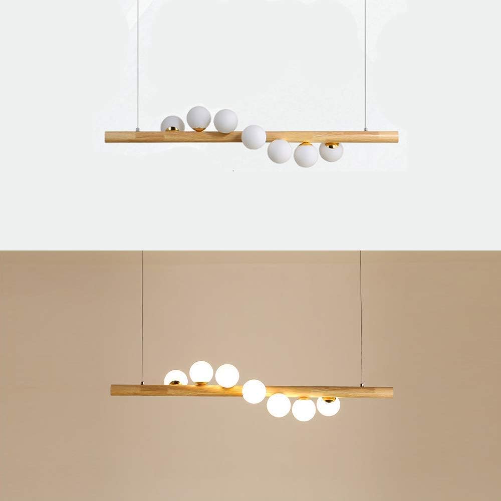 Lampada a sospensione Legno Lampada da tavolo da pranzo Vintage,La trave di legno è lunga 120 cm, con 7 sfere di vetro - regolabile in altezza,Lampadario per Della Bar Sala da Pranzo