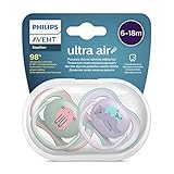 philips avent - ciuccio ultra air, 2 pezzi, senza bpa, per bambini dai 6 ai 18 mesi (modello: scf085/18)