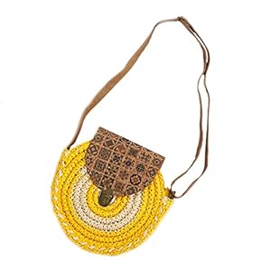 Strand strozak, contrasterende kleuren ronde papieren gras handgemaakte tas retro draagbare tas hoes tas, schouder crossbody tas. (Color : Yellow, Size : 9.84in*9.84in)