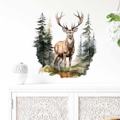 Vinilo decorativo de ciervo con pinos para pared, removible e impermeable miniatura 3
