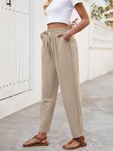 Puimentiua Sommerhose Damen Leicht,Dünne Leinenhose Sommer,Lockere Luftig Sommerhosen,Elegante Spitze 7/8 Hose Damen,High Waist Linen Pants Mit Tunnelzug Und Taschen (Khaki,M)