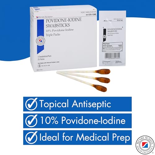 Image of Henry Schein 10% Povidone Iodine Swabstick 3's, Sterile Antiseptic, 250 Ct | Latex Free, Skin Preparation, Triple Packs, 10 Boxes of 25, Individually Packed, Ideal for Home First Aid and Medical Use