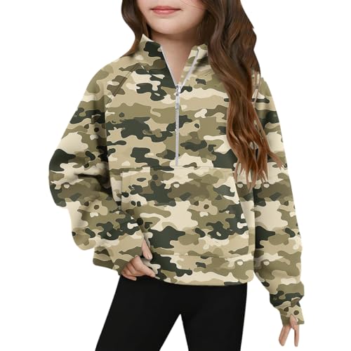 DDAPJ pyju Camo Sweatshirts for Girls Half Zip Pullover Stand Collar Long Sleeve V Neck Sweatshirt with Pocket 5-14 Years