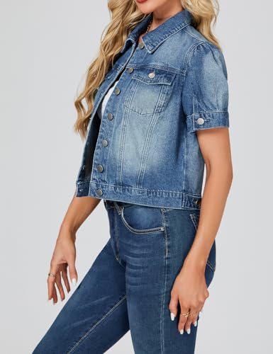 LifeShe Puff Short Sleeve Denim Jacket for Women Summer Cropped Jean Jacket Non-stretch Crop Coat3