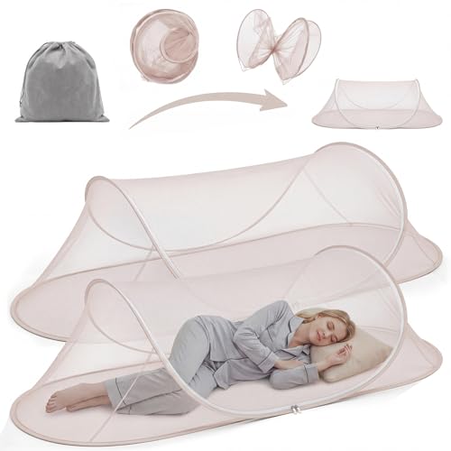 Image of 2 Pcs Large Pop up Mosquito Tent Portable Foldable Mosquito Bug Net for Bed Camping Travel Patio Outdoor 78 * 31 * 22 Inch Bug Netting Mesh Tent Canopy for Adults Bedroom, Brown