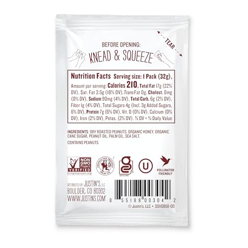 Image of Honey Peanut Butter Squeeze Packs by Justin's, Gluten-free, Non-GMO, Responsibly Sourced, Pack of 10 (1.15oz each)