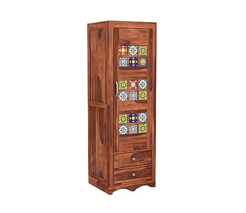 Image of Sheesham Wood Wooden Single Door Wardrobe Organizer for Clothes | - Solid Wood Almirah with 2 Drawers, 2 Shelves - Cupboard for Large Bedroom (Design 16)