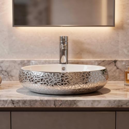 Image of Wallace Designer Oval Table Top Wash Basin 60x40x15 cm White Textured Finish | Premium Ceramic Countertop Vessel Sink | Luxury Over Counter Bathroom Basin