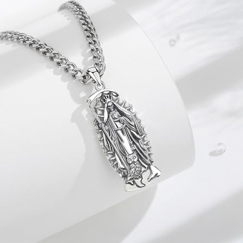 S925 Sterling Silver Santa Muerte Necklace for Men Women, Vintage Santa Muerte Holy Death Pendant Amulet Skull Grim Reaper Jewelry Original Gifts for Women Mens, 22+2inch2