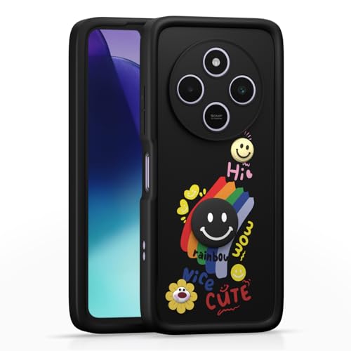 Image of Pikkme Back Cover for Redmi A4 5G / Redmi 14C 5G / Poco C75 5G | Soft Silicone| Cute Rainbow Smile & 3D Cartoon Flower Design | Shockproof Raised Camera Protection Bumper Case (Black)