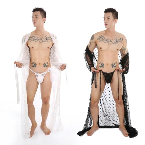 Kimono de lunares para hombre albornoz de encaje blanco largo con abertura 3