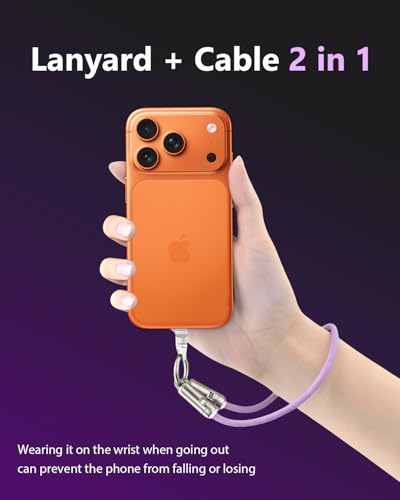 Image of USB C Short Charging Lanyard Keychain Data Cable PD 240W 5A Fast Charging Phone Wrist Strap (30cm) Type C Charging Cord Braided 480mbps Data Transfer (Purple)