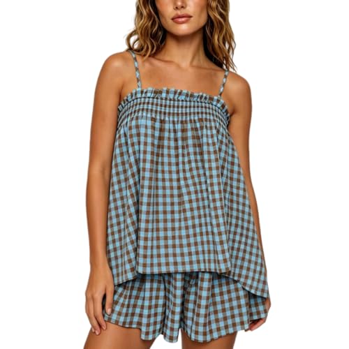 Image of Yuemengxuan Women 2 Piece Casual Lounge Set Sleeveless Strappy Tie Back Cami Top Wide Leg Shorts 2Pcs Summer Pj Set Beachwear
