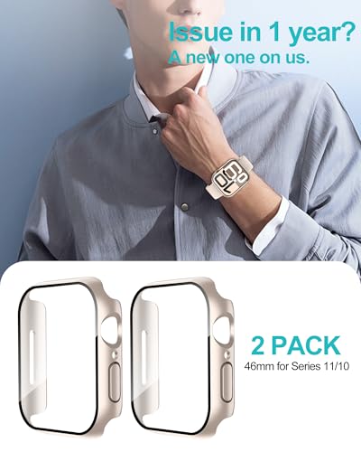Image of Smiling 2 Pack Case Compatible with Apple Watch Series 11 (2025) / Series 10 46mm with Tempered Glass Screen Protector, Hard PC Case Scratch-Resistant Overall Protective Cover- Starlight