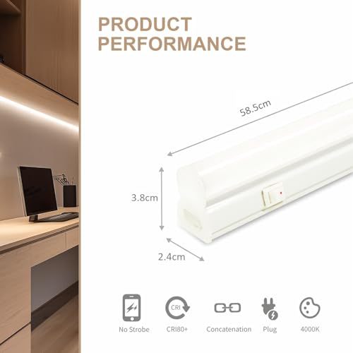 Unterbauleuchte mit Ein-Ausschalter 1er-Pack, 60 cm 4000K Neutralweiße Lichtfarbe, Verkettbare LED Leiste mit Stecker, Anschluss von Bis zu 6 LED Lichtleiste für Küche, Schrank, Regalbeleuchtung