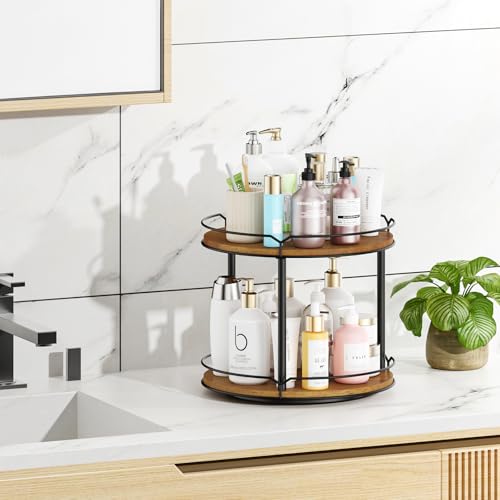 Image of 12.4 inch Lazy Susan Organizer 2 Tier, Rotating Spice Rack, Wooden Spinning Spice Holder for Inside Cabinet, Pantry, Kitchen, Countertop, Bathroom and Vanity, Versatile Storage