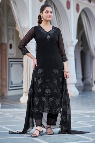 Ensemble kurta georgette brodée Yashika noir pour vos soirées