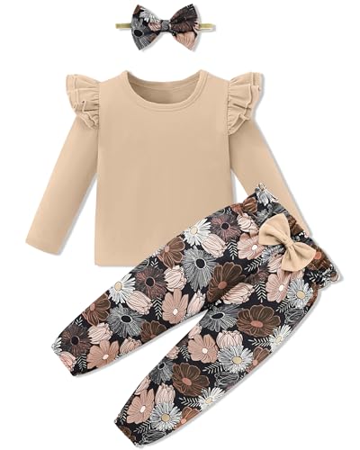 Image of SANMIO Toddler Girl Clothes Cute Ruffle Sleeve Shirt Floral Pants Headband | 3Pcs Fall Winter Outfits Kids Girls Clothing Set 1-6T