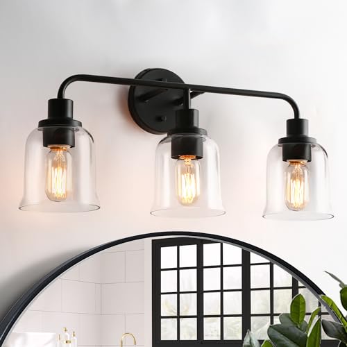 Image of KSANA Black Bathroom Vanity Light, 3 Light Bathroom Light Fixtures Over Mirror, 22.8 Inch Modern Vanity Lights for Bathroom with Clear Glass Shade
