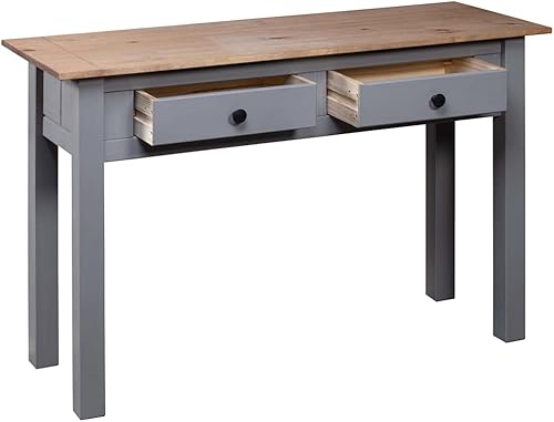 Miniatura 5 de vidaXL Mesa consola de madera de pino macizo gris, estilo escandinavo, mesa de entrada con cajones, detalles de madera natural, gama Panamá