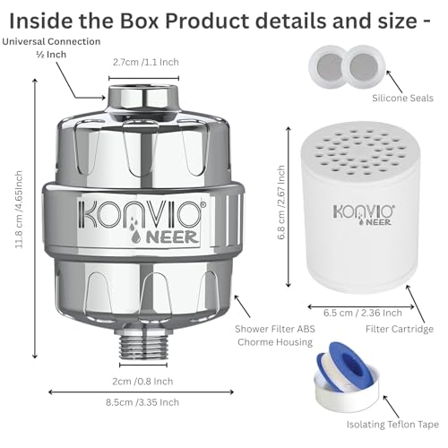 Image of Konvio Neer 22-stage advanced Shower Filter for Hard Water | Multi-Stage Borewell /Tanker Water Softener for Bathroom, for better hair and skin | Chrome Finish (22-Stage, Pack of 1 + Extra Cartridge)