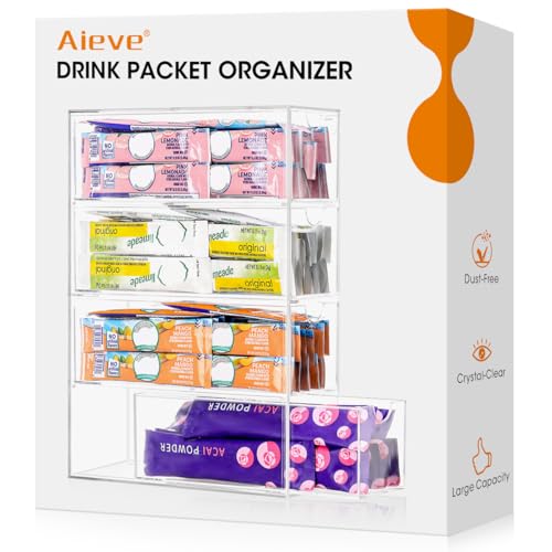 AIEVE Drink Packet Organizer, Drink Mix Holder with 4 Clear Drawers, Acrylic Water Flavor Packets Container, Kitchen Storage Organizers for Pantry Home Organization