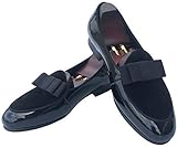 Justar Men's Leather Loafers Formal Dress Shoes Banquet with Bowtie Flats Slip-On Smoking Slippers Black Brown (11 M US, Black)