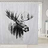 Loussiesd Nette Elch Duschvorhang 180x180cm Hirsch Jagd Duschvorhang für Kinder Geweih Wild Tier Duschvorhang Textil Teens Dekor Rustikale Lodge Kabine Bauernhaus Duschvorhang Verschluss