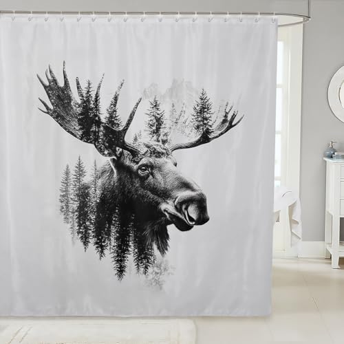 Loussiesd Nette Elch Duschvorhang 180x180cm Hirsch Jagd Duschvorhang für Kinder Geweih Wild Tier Duschvorhang Textil Teens Dekor Rustikale Lodge Kabine Bauernhaus Duschvorhang Verschluss
