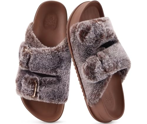 Image of KuaiLu Women's Fluff Slippers Plantar Fasciitis Arch Support Platform Slippers Ladies Fashion Open Toe Faux Fur Sliders Womens House Slipper Size 6-12