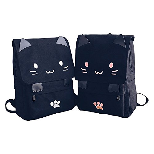 Demonchest Black College Cute Cat Embroidery Canvas School Backpack Bags For Kids Kitty(White) #TOP1