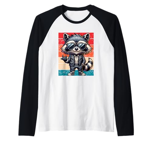 Mapache retro rock música hombres niños mujeres divertido mapache vintage Camiseta Manga Raglan