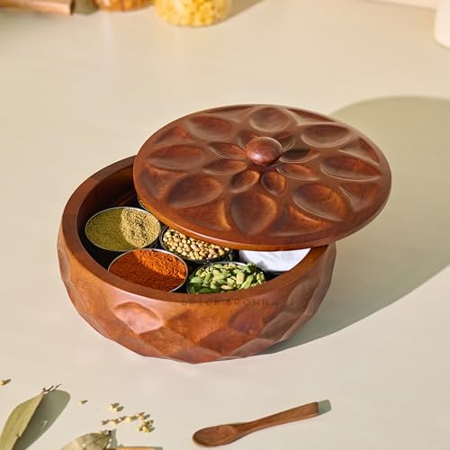 Image of Brick Brown Saku Wooden Masala Box with Lid | Spice Box Organizer Storage Box with 7 Stainless Steel Containers & Wooden Spoon | Hand-Carved Masala Dani Spice Rack for Kitchen 8.5x 8.5 x 4.5 Inch