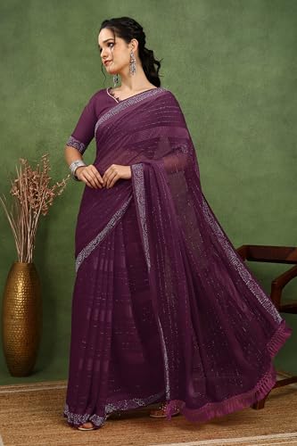 Image of MIRCHI FASHION Saree for Woman Georgette Solid with Satin Stripes | Stone Border Farewell and Ceremonial Sari with Blouse Piece