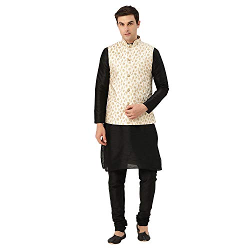 Image of SOJANYA (Since 1958 Men's Cotton Linen Maroon Kurta and White Pyjama with Mustard Cotton Nehru Jacket