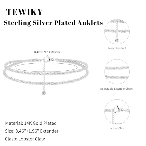 Tewiky Sterling Silver Dainty Ankle Bracelets for Women - Adjustable Waterproof Layered Anklet Set - Sparkly Beach Jewelry Gift - Image 6