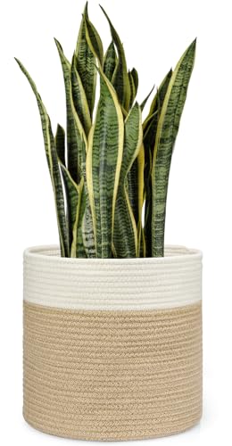 Image of Dahey Jute Spliced Cotton Rope Plant Basket Modern Woven Storage Basket for 12 inch Floor Indoor Planter, Decorative Flower Pots Cover Laundry Bin with Handle Rustic Home Decor, White and Beige